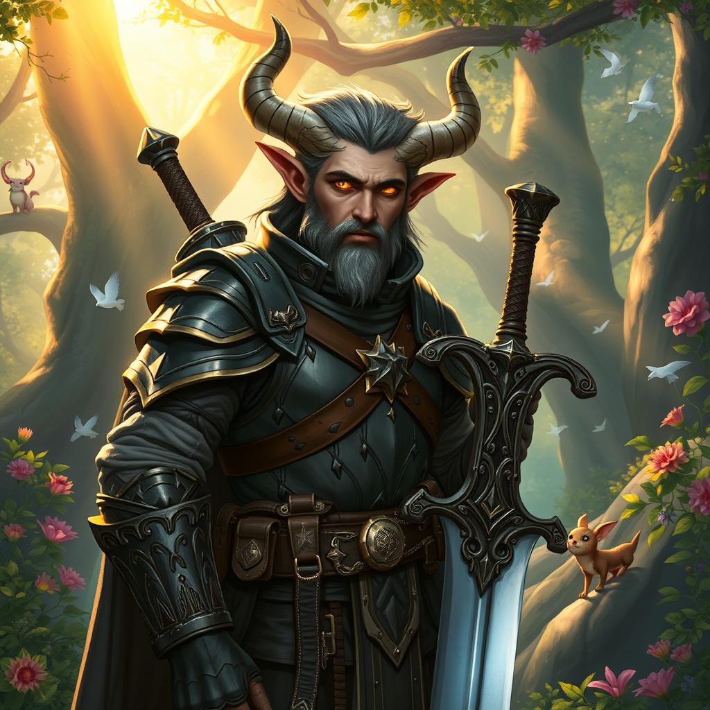 A noble half-human, half-tiefling warrior in a heroic fantasy setting, featuring soft, approachable horns and warm, glowing eyes that convey compassion rather than malice