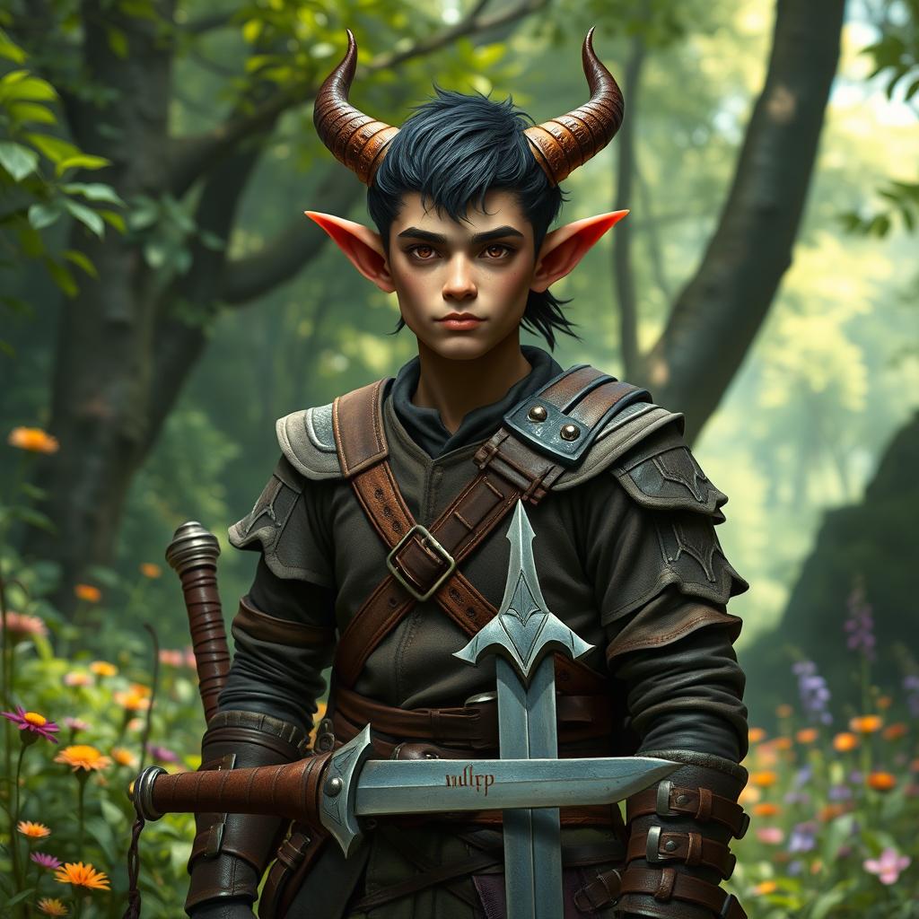 A natural, beginner-level half-human tiefling warrior in a fantasy DnD setting, characterized by subtle, attractive horns and warm, inviting eyes