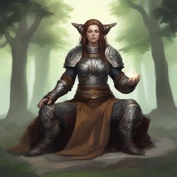 A dwarven female kineticist, donned in her formidable heavy armor, meditates in tranquility. A visible aura of pulsating earthly energy floats around her, symbolizing her deep connection with nature's elements.