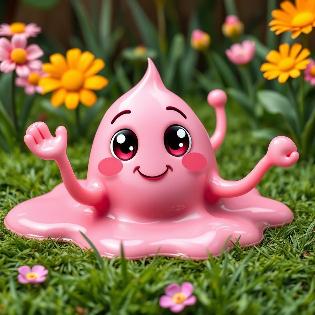 A cute pink slime puddle in a playful setting, complete with waving tentacle-like appendages