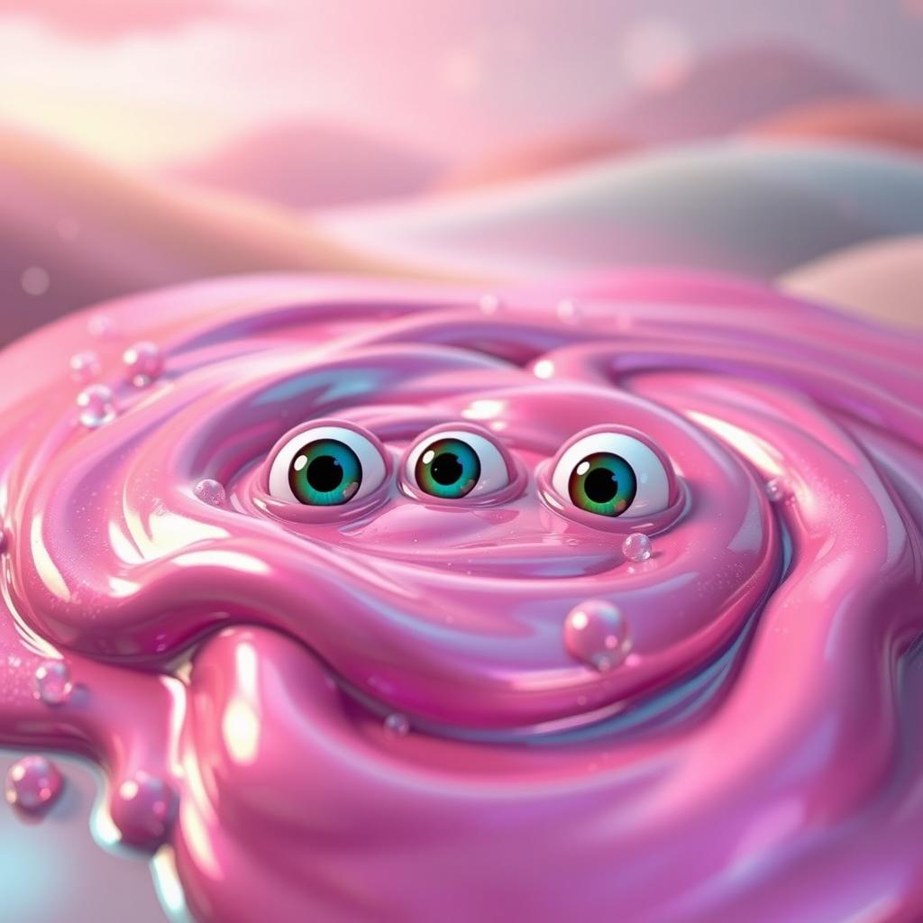 A captivating puddle of metallic pink slime, glimmering with a glossy sheen and filled with whimsical, oversized eyes peeking out from within