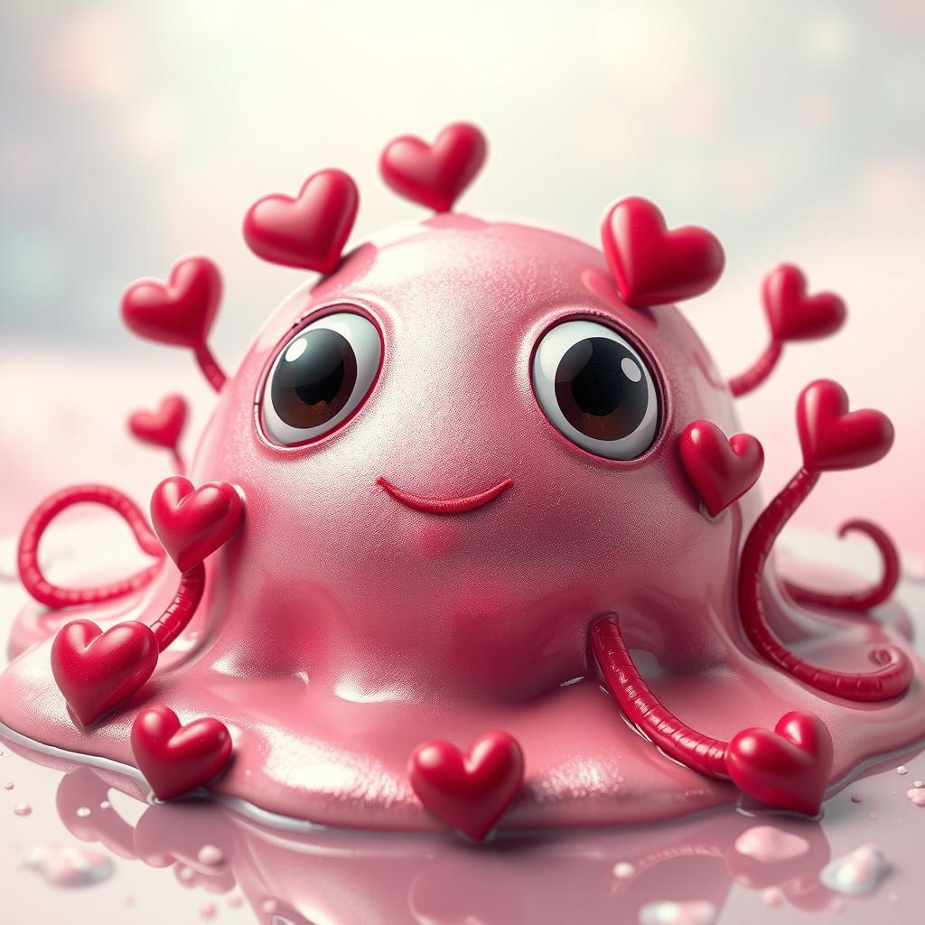 A captivating puddle of metallic pink slime, shimmering with a glossy finish and featuring oversized, whimsical eyes that peek out playfully