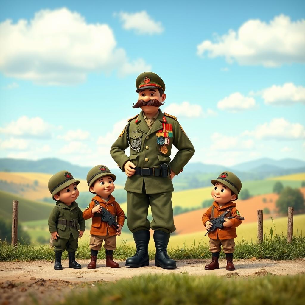 A whimsical, rustic scene depicting a soldier named BANGS humorously teasing three tiny soldiers from a group called 'Stranger'