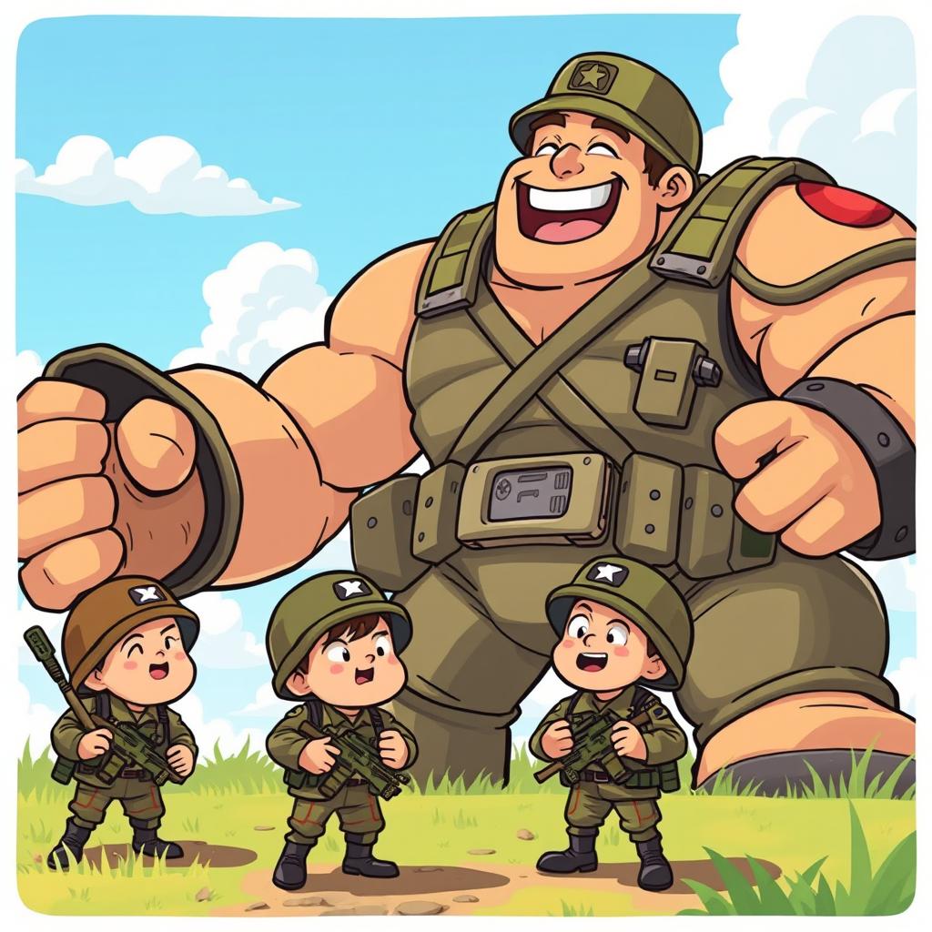 A scene depicting a large, muscular soldier named BANGS, towering over three tiny soldiers from a group called 'Stranger'