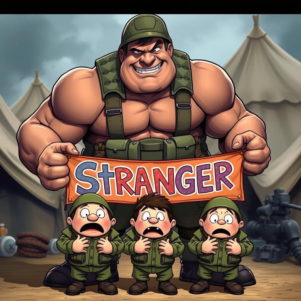 A large, muscular soldier named BANGS towering over three smaller, frightened soldiers