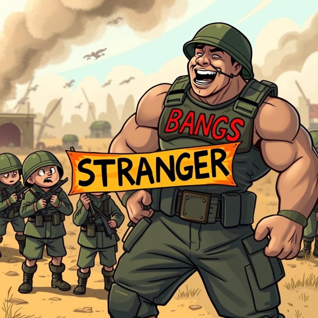 A strong, muscular soldier with the word 'BANGS' boldly printed on his chest is playfully taunting three frightened soldiers