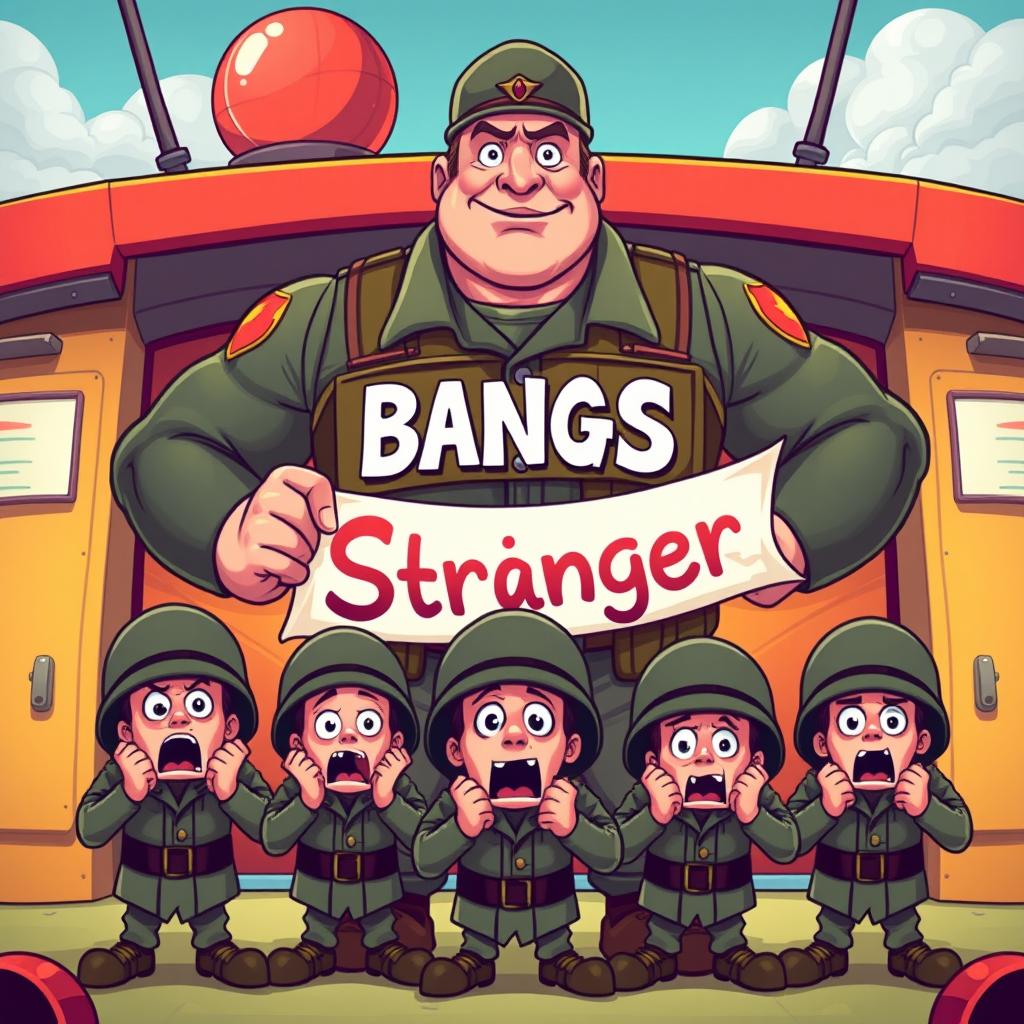 A big, muscular soldier standing confidently with a playful expression, prominently featuring the word 'BANGS' written in bold letters across his chest