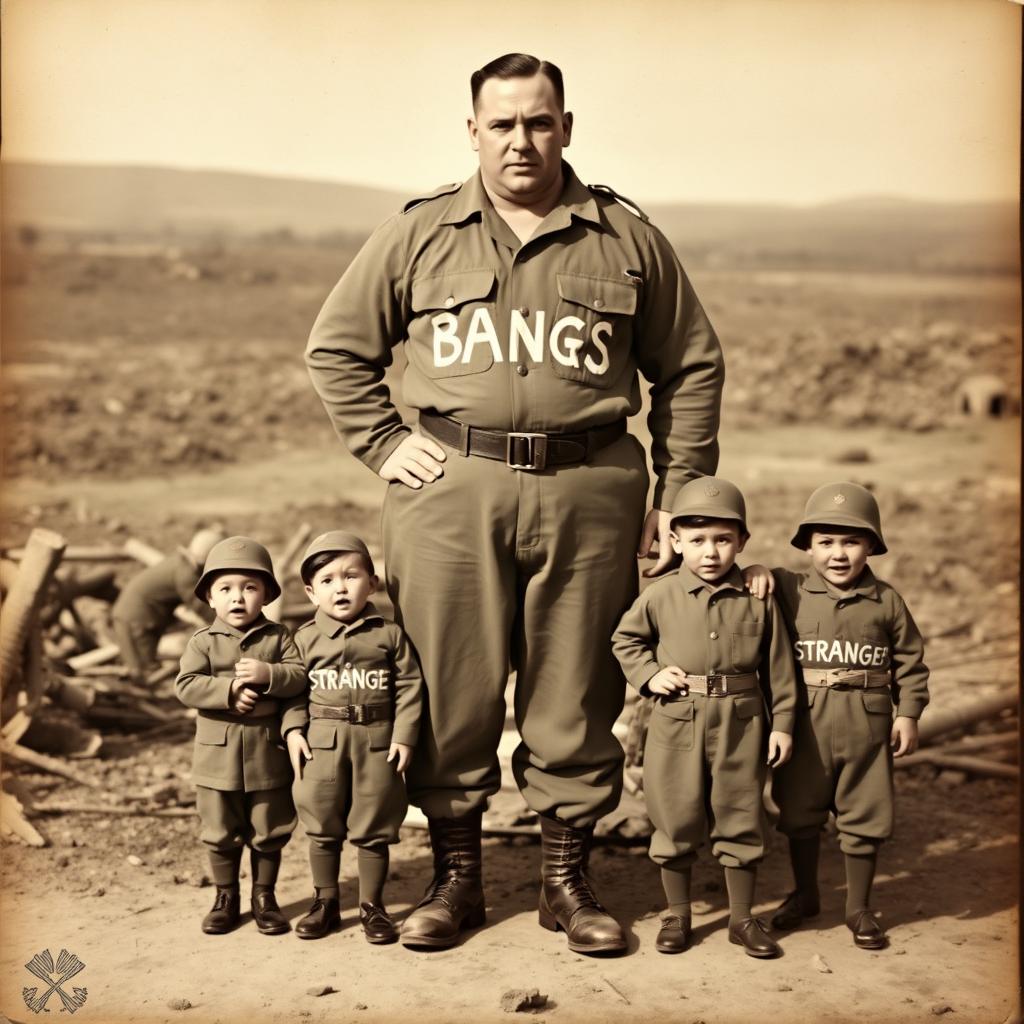 A vintage photograph featuring a large, muscular soldier standing confidently with the word 'BANGS' prominently written across his broad chest