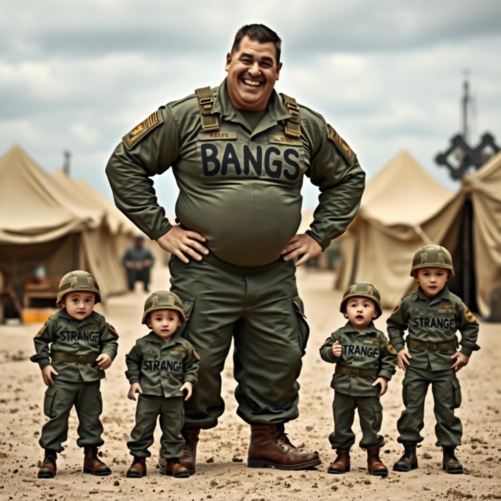 A humorous scene depicting a large, muscular soldier standing confidently with the word "BANGS" written boldly across his chest