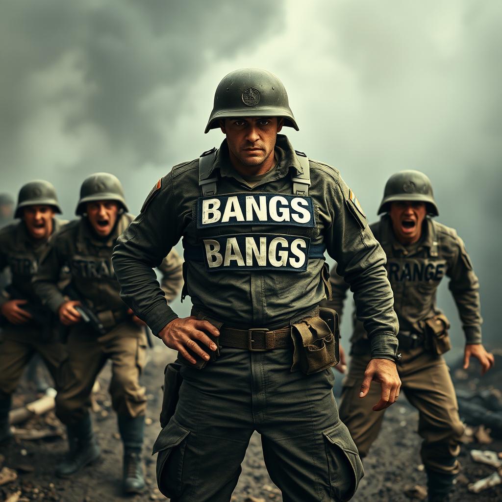 A fearless soldier standing boldly in front of three terrified soldiers, showcasing a strong and confident demeanor