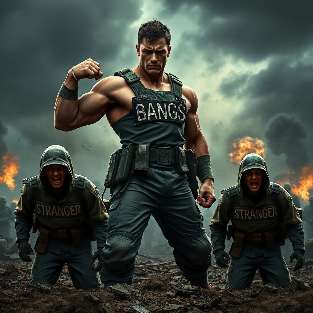 A fearless soldier with 'BANGS' emblazoned on his chest, fiercely standing tall and ready for battle