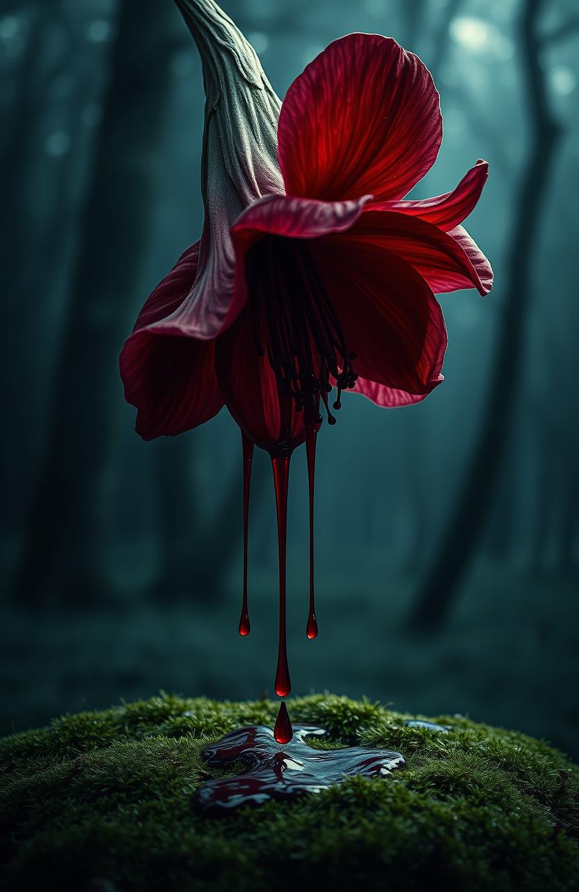 A surreal depiction of a flower that appears to be dripping with blood