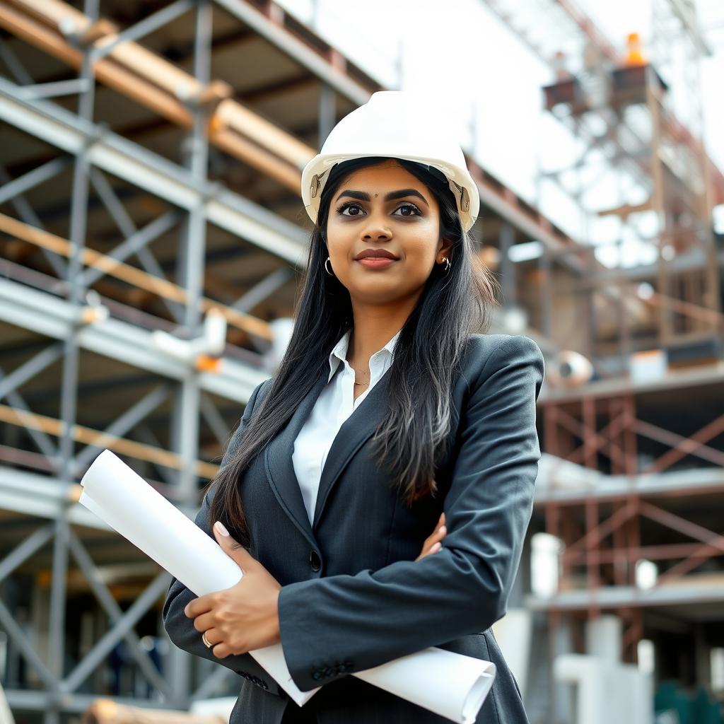 A Sri Lankan woman structural engineer standing confidently, wearing a white hard hat and a professional business suit
