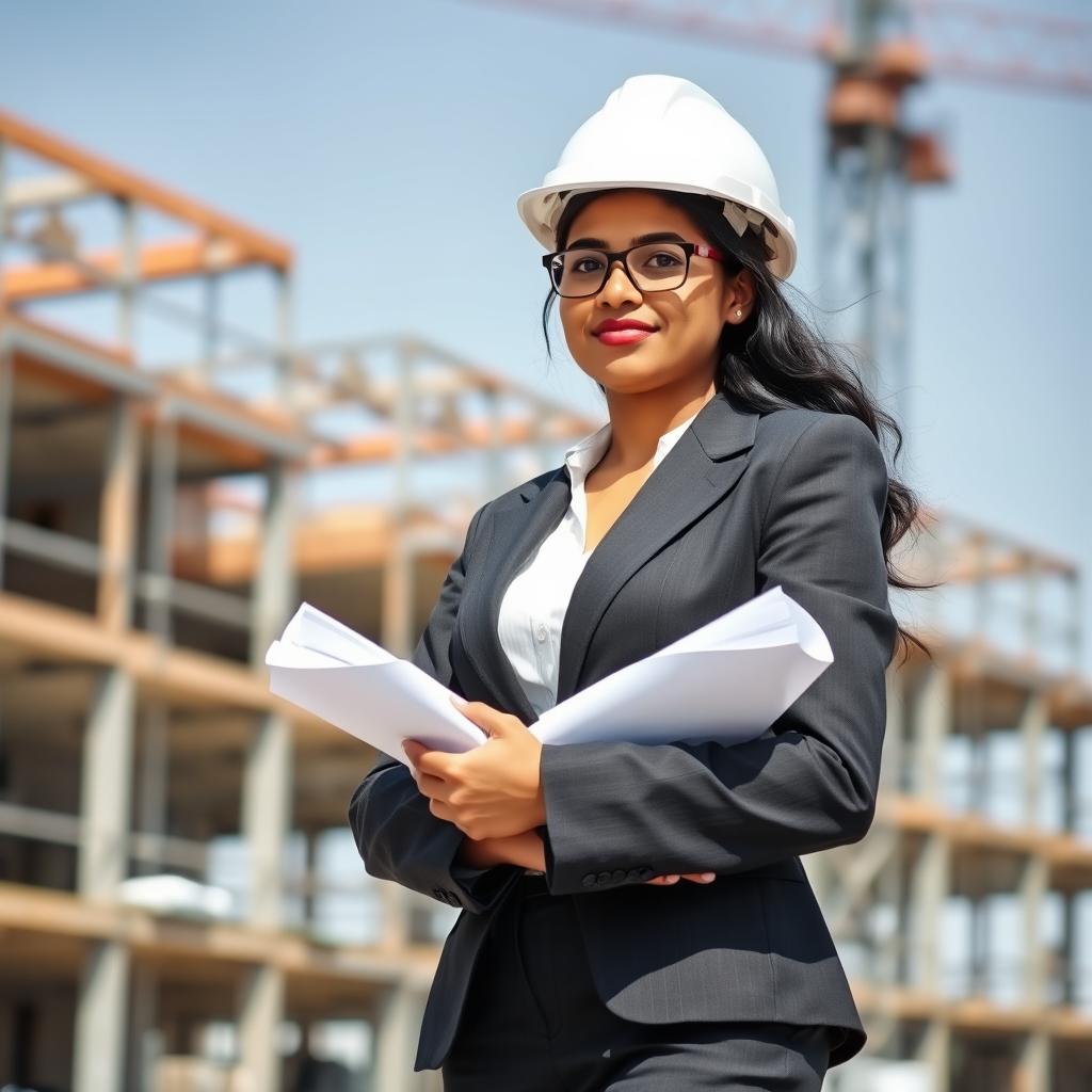 A Sri Lankan woman structural engineer standing confidently, wearing a white hard hat and a professional business suit