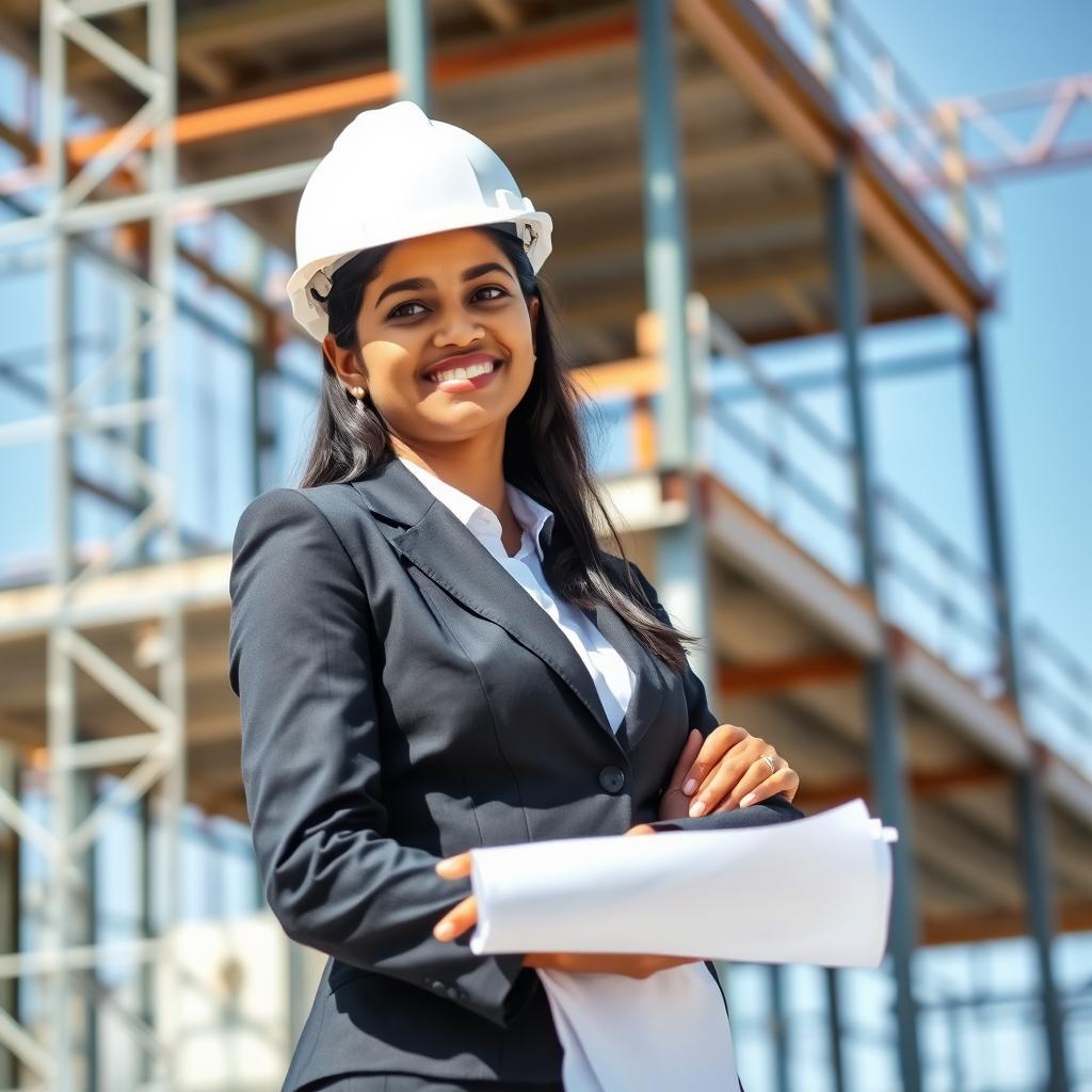 A Sri Lankan woman structural engineer standing confidently at a construction site, wearing a white hard hat and a professional business suit