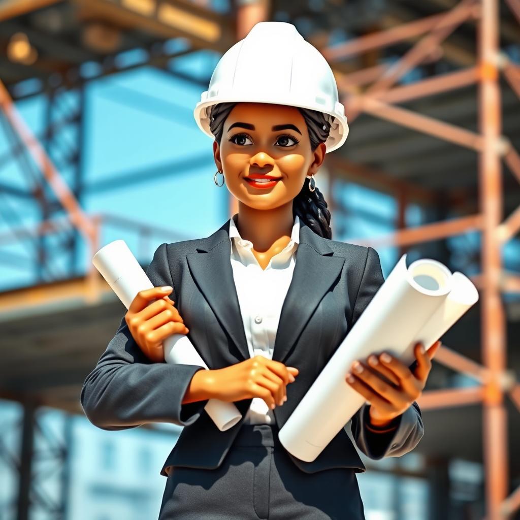 A Sri Lankan woman structural engineer standing confidently at a construction site, wearing a crisp white hard hat and a professional business suit