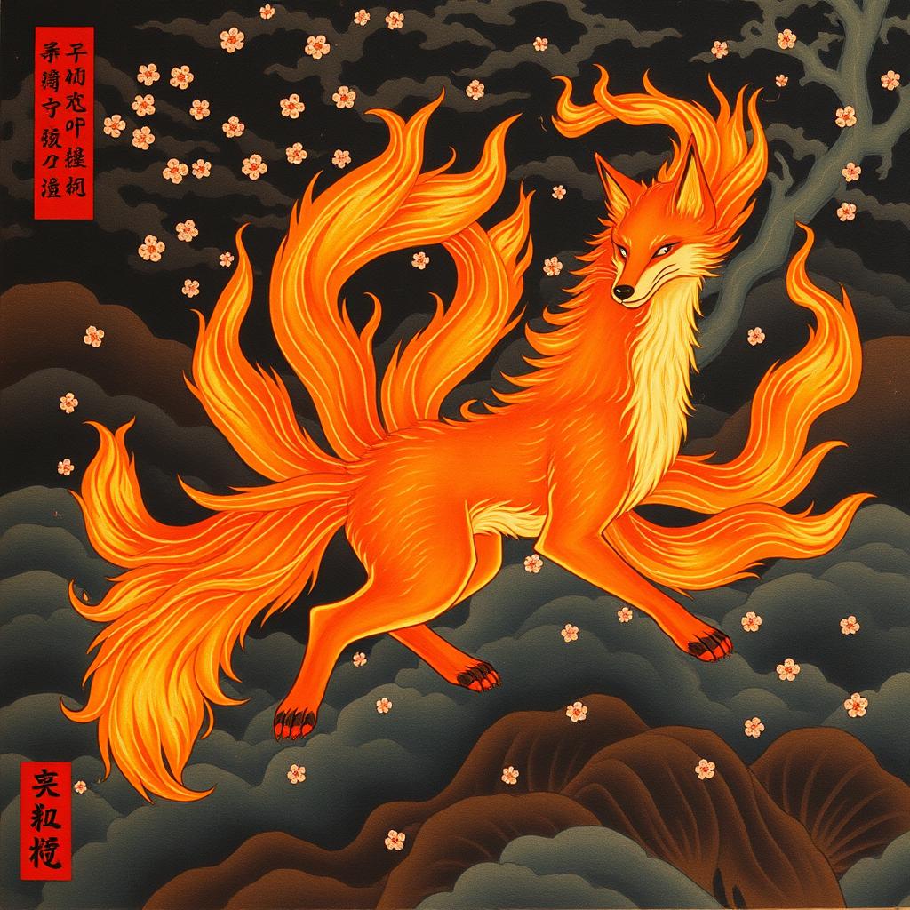 An intricately detailed ancient Japanese painting of a nine-tailed fox (kitsune) engulfed in flames, depicted in traditional Japanese art style
