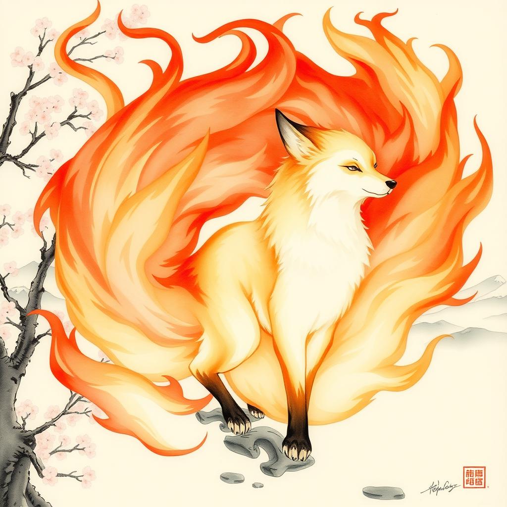 A captivating watercolor painting of a nine-tailed fox (Kitsune) in the style of Hokusai