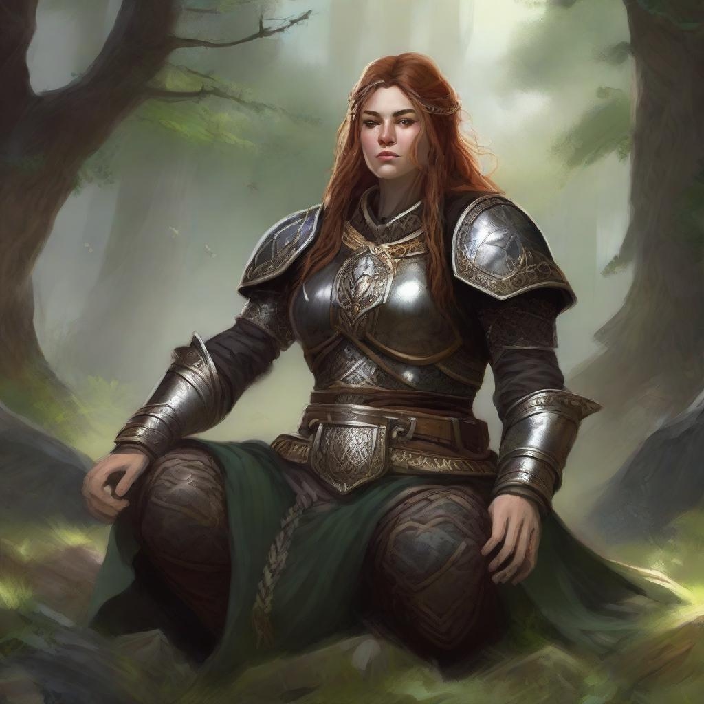 Thoughtfully engrossed in meditation, a dwarven female kineticist, securely clad in her heavy armor, resonates with the harmonious energies of nature visibly floating and pulsing rhythmically around her.