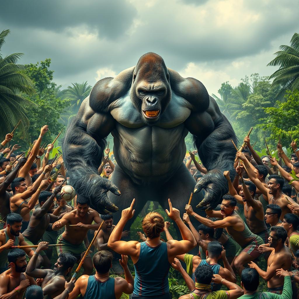 An intense spectacle showcasing a muscular gorilla standing defiantly in the center of a chaotic scene, with 100 men surrounding it in various dynamic poses, expressing a mix of fear, bravery, and excitement
