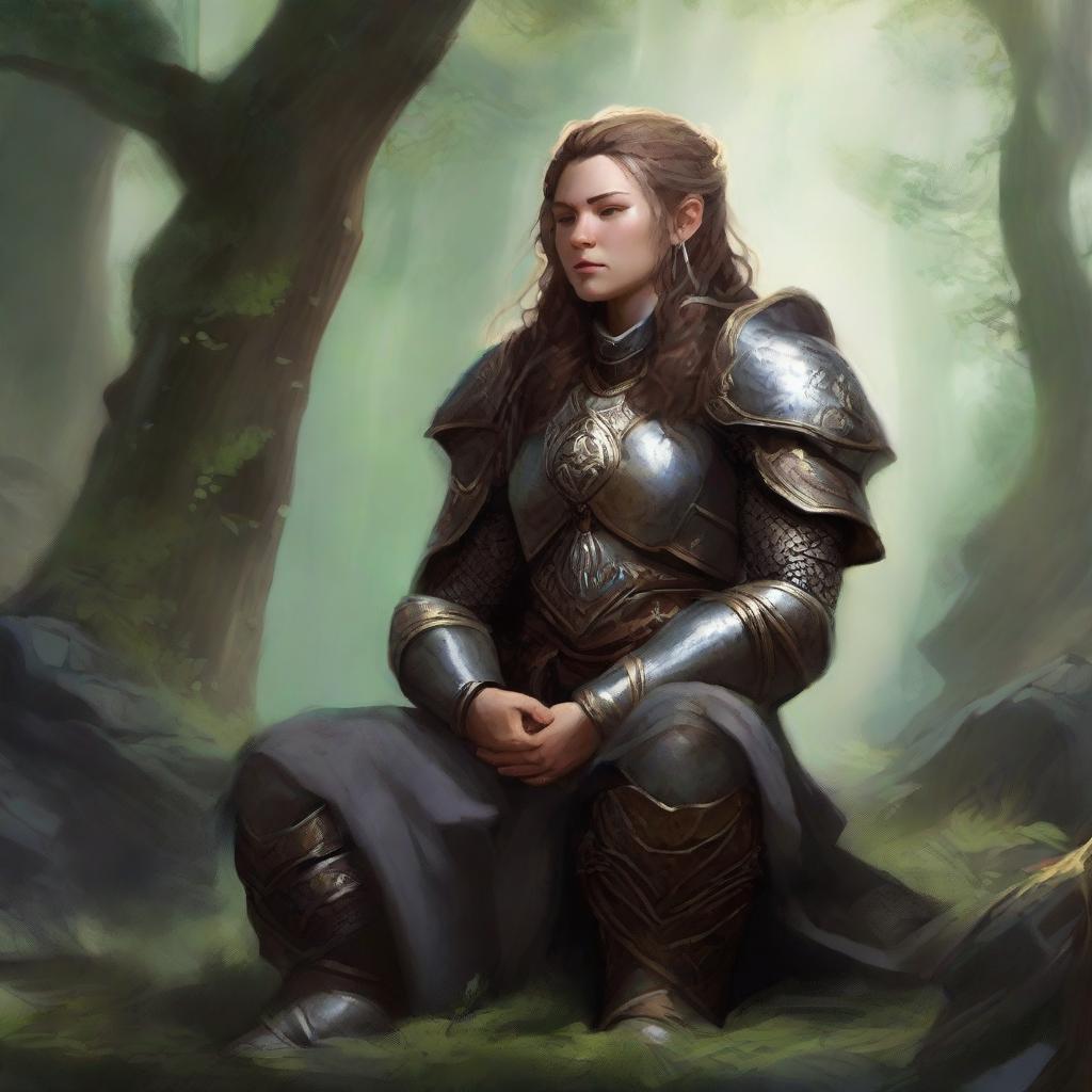 Thoughtfully engrossed in meditation, a dwarven female kineticist, securely clad in her heavy armor, resonates with the harmonious energies of nature visibly floating and pulsing rhythmically around her.