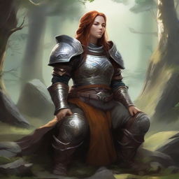 Thoughtfully engrossed in meditation, a dwarven female kineticist, securely clad in her heavy armor, resonates with the harmonious energies of nature visibly floating and pulsing rhythmically around her.