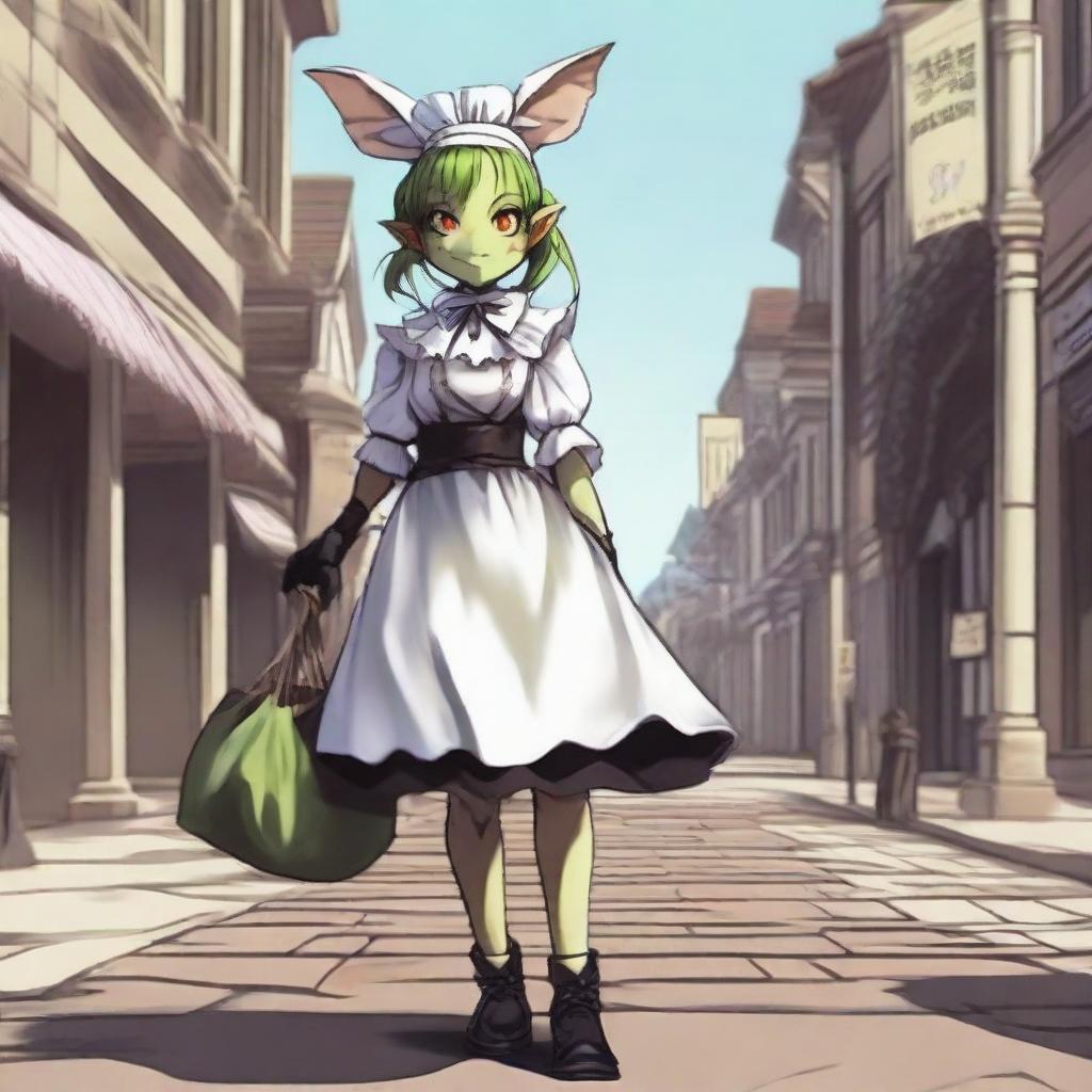 Goblin girl dressed as a maid walking through the city