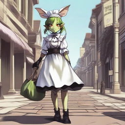 Goblin girl dressed as a maid walking through the city