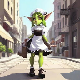 Goblin girl dressed as a maid walking through the city