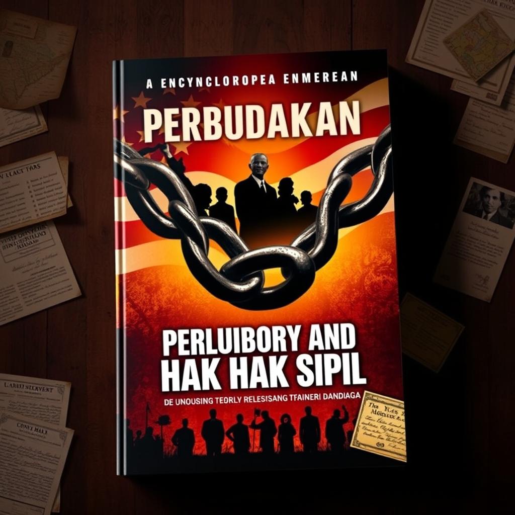 A striking and evocative book cover for an encyclopedia titled "Perbudakan dan Hak Hak Sipil" (Slavery and Civil Rights) themed around American history