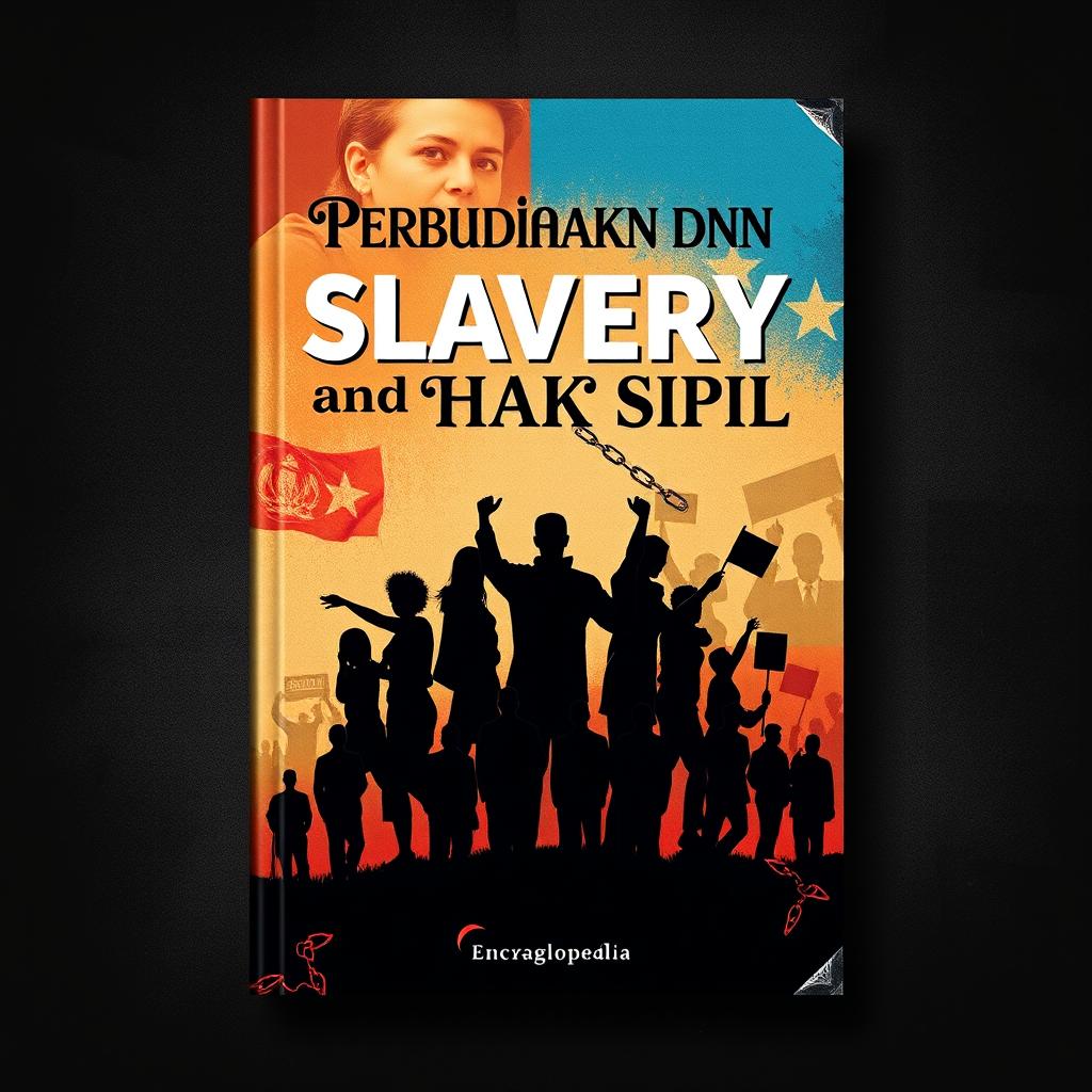 A visually striking cover design for an encyclopedia titled "Perbudakan dan Hak-Hak Sipil" (Slavery and Civil Rights), showcasing a powerful imagery related to American history