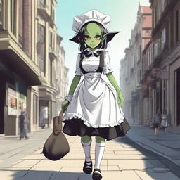 Goblin girl dressed as a maid walking through the city