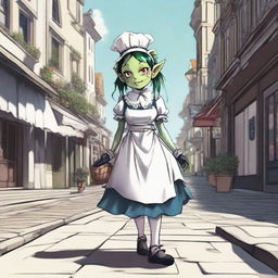 Goblin girl dressed as a maid walking through the city