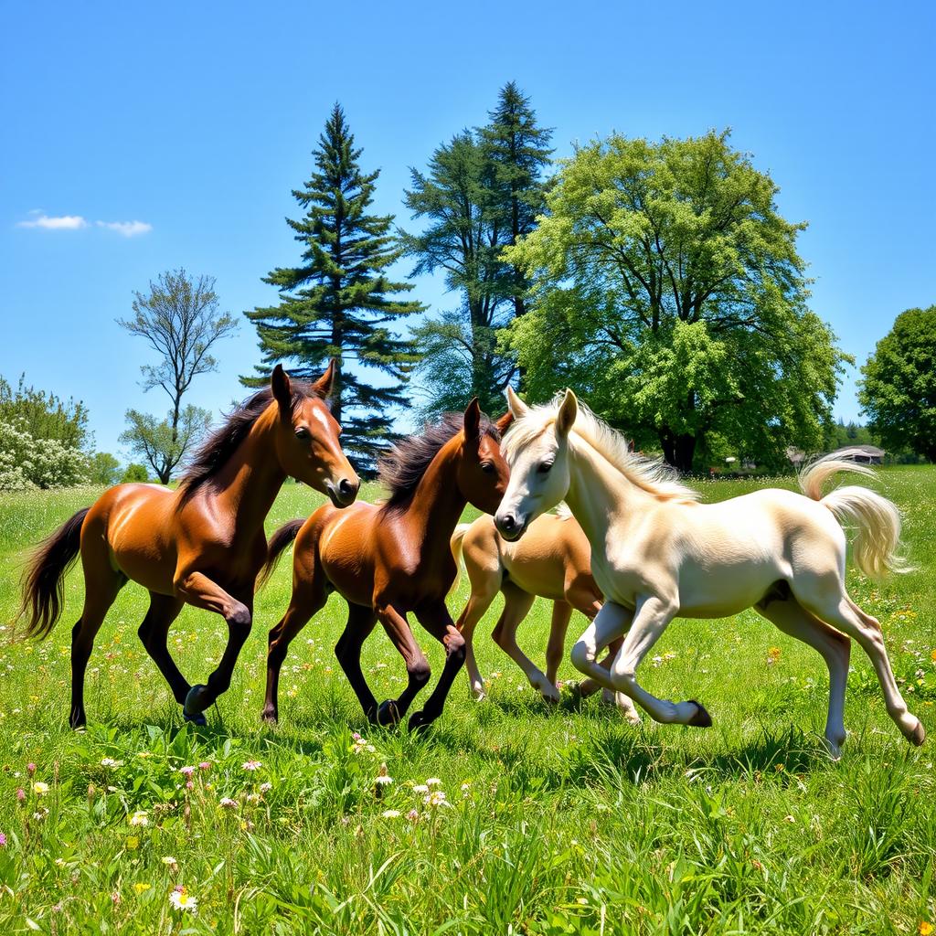 A picturesque scene of playful foals frolicking in a lush green meadow under a bright blue sky