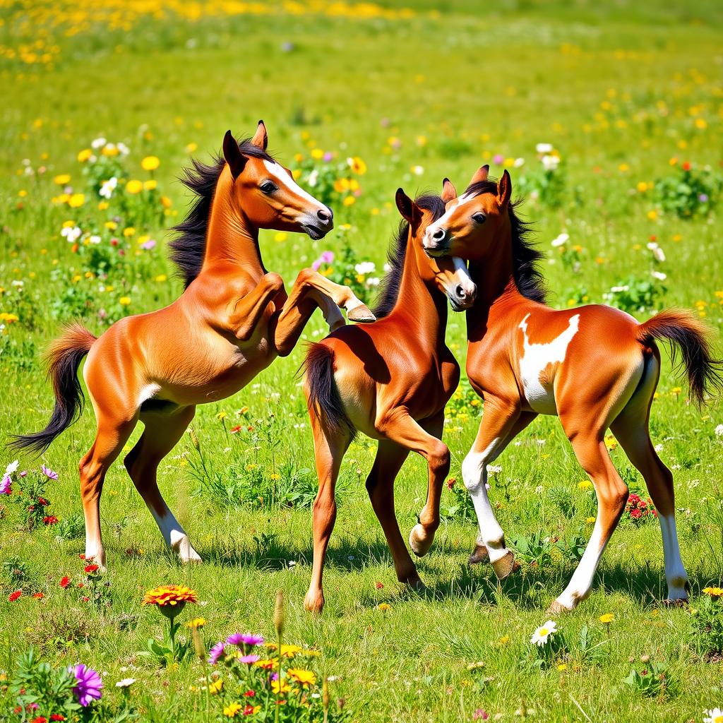 A delightful scene of energetic foals playing in a sunny, green pasture surrounded by colorful wildflowers