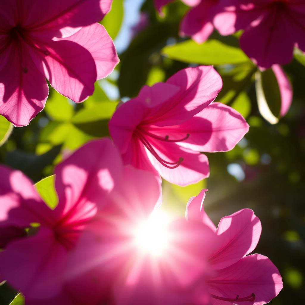 A close-up view of beautiful rhododendron flowers backlit by soft sunlight, creating a stunning ethereal glow