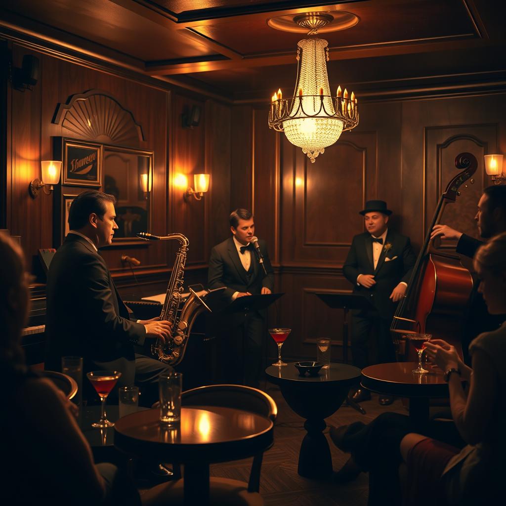 An elegant vintage scene of a classic jazz band performing live in a cozy, dimly lit speakeasy