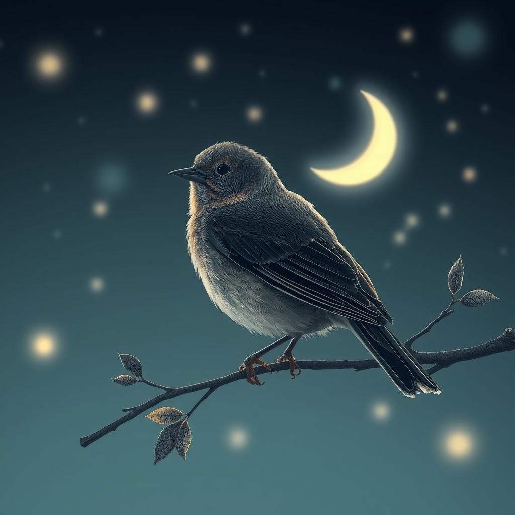 A solitary bird perched on a branch against a soothing nighttime backdrop, surrounded by glowing stars and a soft crescent moon