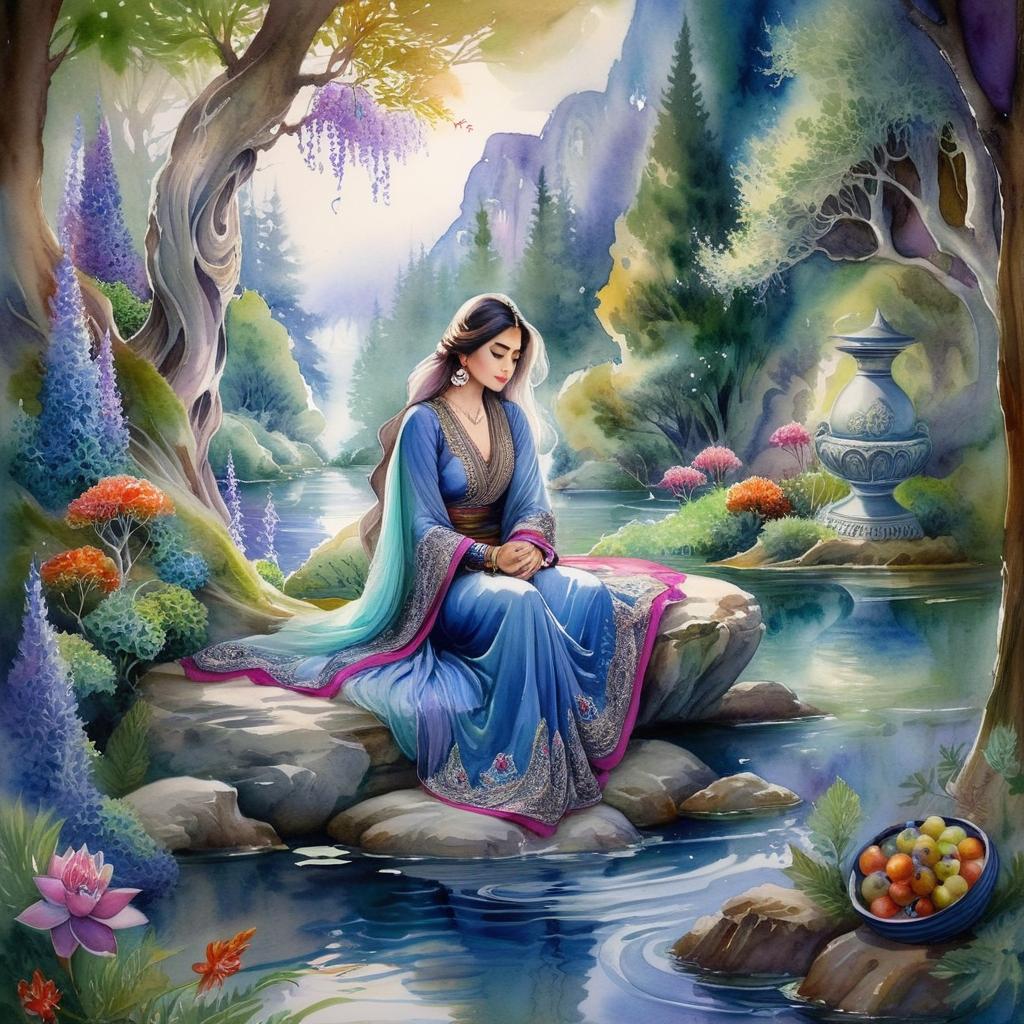 Mystical and spiritual watercolor painting of a beautiful Iranian woman sitting on a rock on a beautiful and peaceful pond in a dense forest with cypress trees, plane trees, grapevines, winding bonsai trees, and a whirlwind of colorful flowers and beautiful.