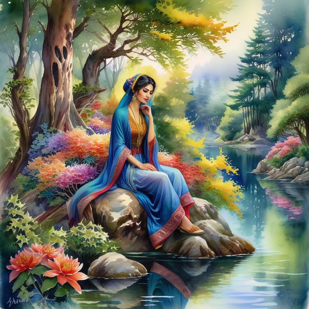 Mystical and spiritual watercolor painting of a beautiful Iranian woman sitting on a rock on a beautiful and peaceful pond in a dense forest with cypress trees, plane trees, grapevines, winding bonsai trees, and a whirlwind of colorful flowers and beautiful.