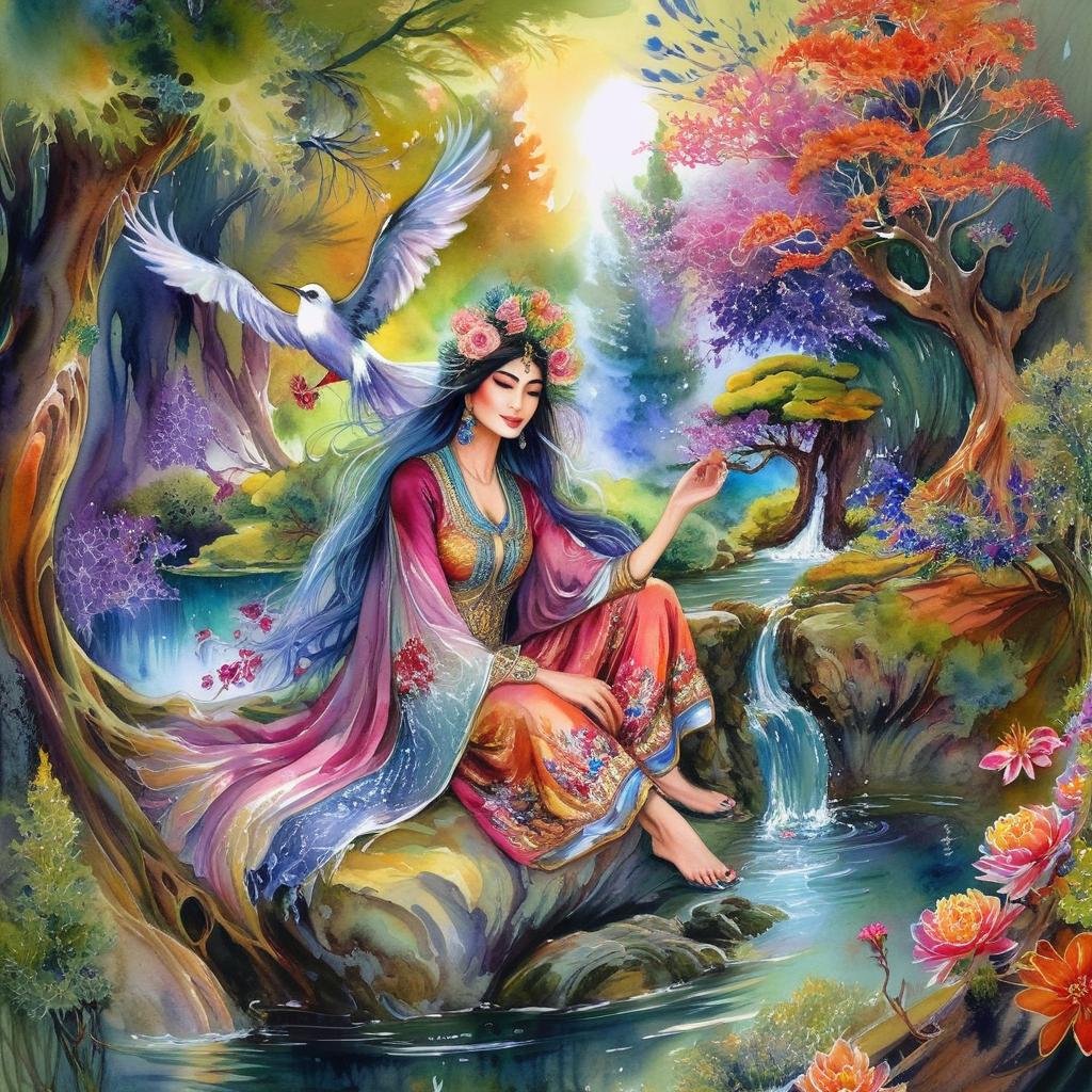 Mystical and spiritual watercolor painting of a beautiful Iranian woman sitting on a rock on a beautiful and peaceful pond in a dense forest with cypress trees, plane trees, grapevines, winding bonsai trees, and a whirlwind of colorful flowers and beautiful.