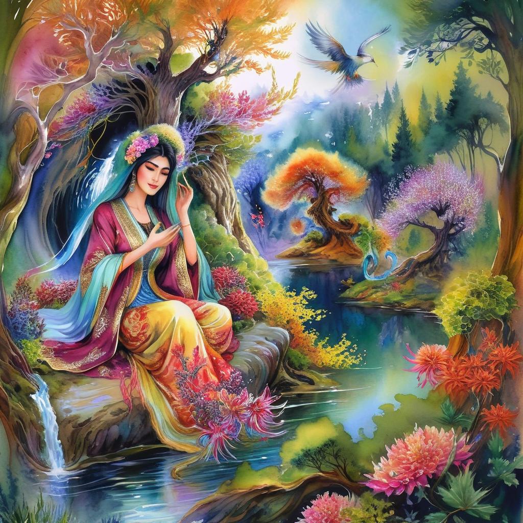 Mystical and spiritual watercolor painting of a beautiful Iranian woman sitting on a rock on a beautiful and peaceful pond in a dense forest with cypress trees, plane trees, grapevines, winding bonsai trees, and a whirlwind of colorful flowers and beautiful.