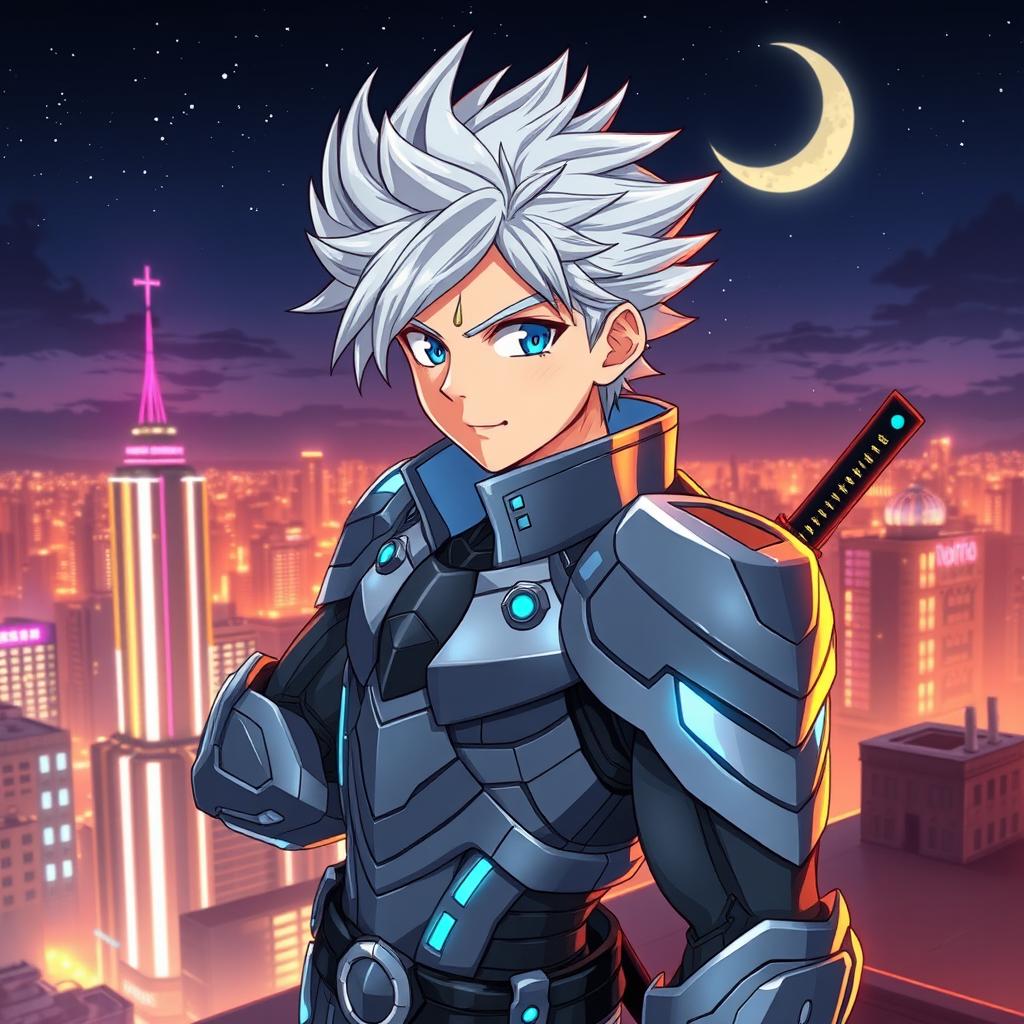 A stylized anime man character with spiky silver hair, vibrant blue eyes, and wearing a futuristic armor suit