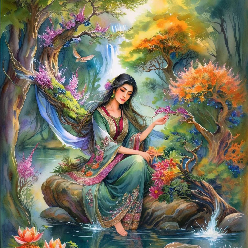 Mystical and spiritual watercolor painting of a beautiful Iranian woman sitting on a rock on a beautiful and peaceful pond in a dense forest with cypress trees, plane trees, grapevines, winding bonsai trees, and a whirlwind of colorful flowers and beautiful.
