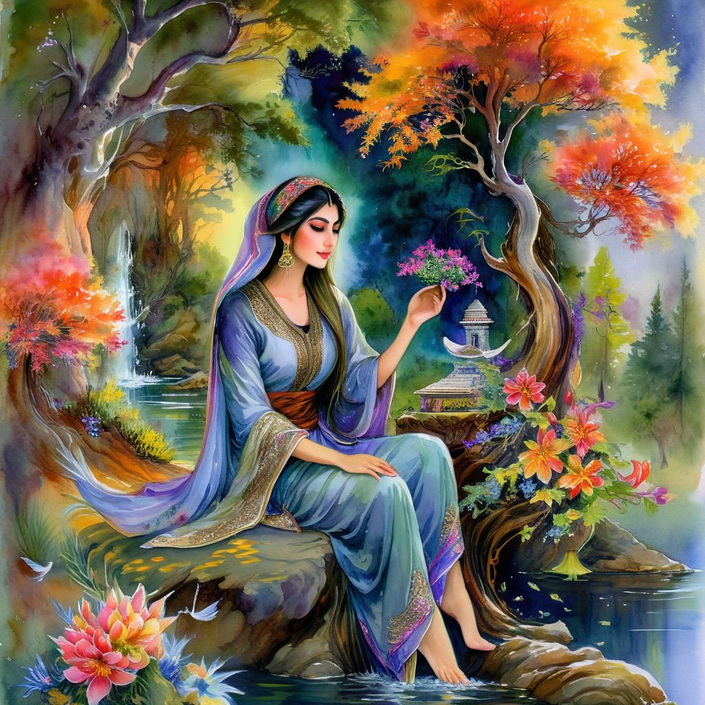 Mystical and spiritual watercolor painting of a beautiful Iranian woman sitting on a rock on a beautiful and peaceful pond in a dense forest with cypress trees, plane trees, grapevines, winding bonsai trees, and a whirlwind of colorful flowers and beautiful.