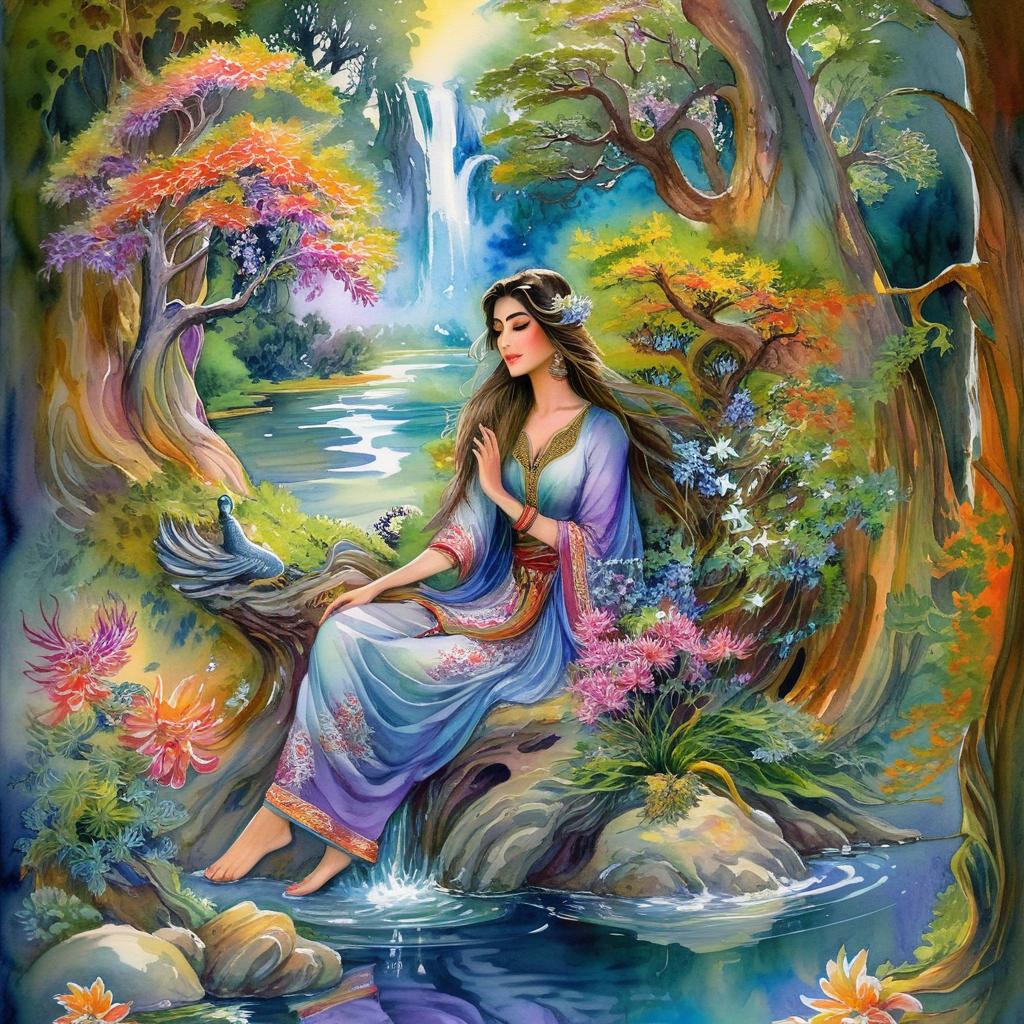 Mystical and spiritual watercolor painting of a beautiful Iranian woman sitting on a rock on a beautiful and peaceful pond in a dense forest with cypress trees, plane trees, grapevines, winding bonsai trees, and a whirlwind of colorful flowers and beautiful.