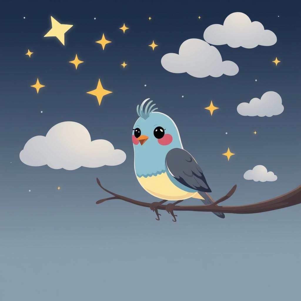 A whimsical, lo-fi styled cartoon illustration of a night bird perched on a branch under a starry sky