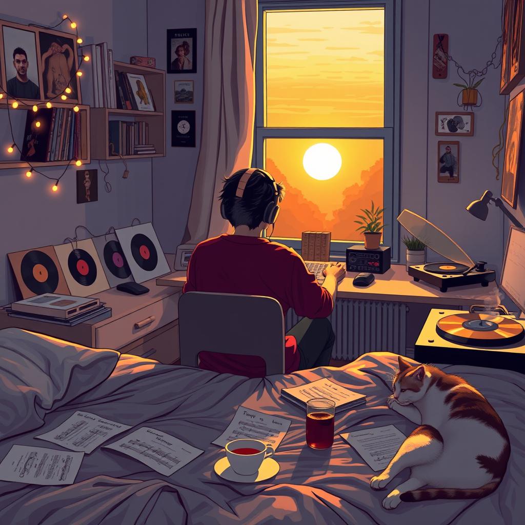 A cozy bedroom scene featuring a person sitting at a desk with headphones on, immersed in creating lo-fi hip-hop music