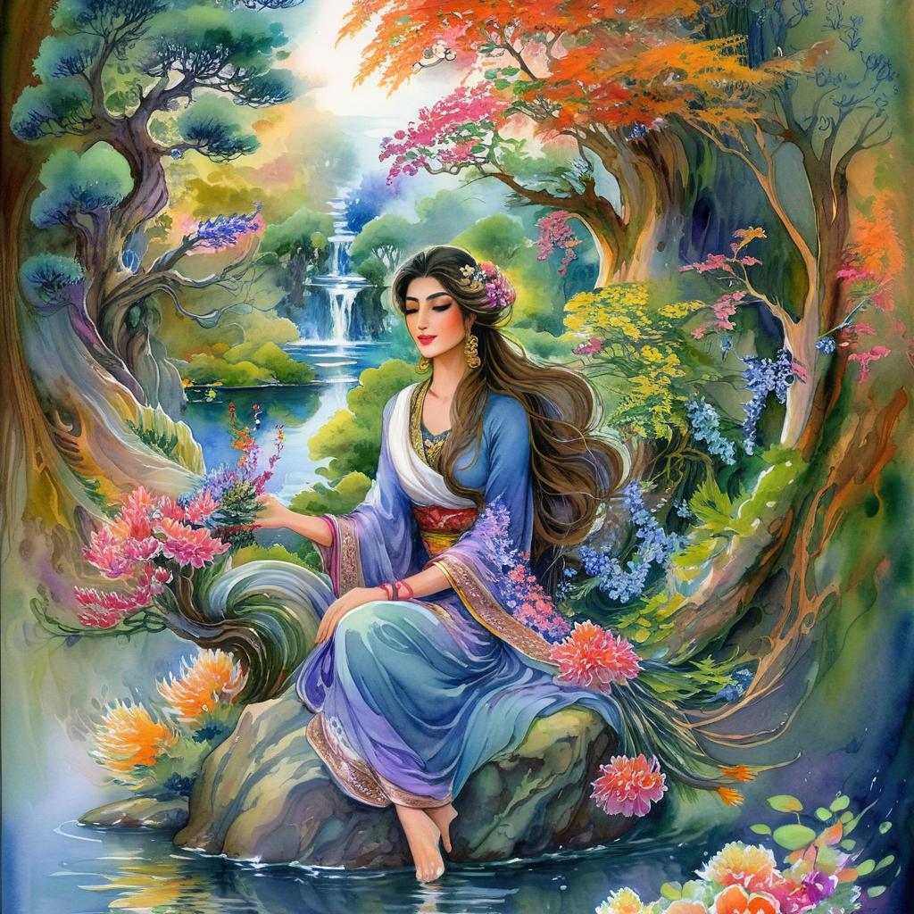 Mystical and spiritual watercolor painting of a beautiful Iranian woman sitting on a rock on a beautiful and peaceful pond in a dense forest with cypress trees, plane trees, grapevines, winding bonsai trees, and a whirlwind of colorful flowers and beautiful.