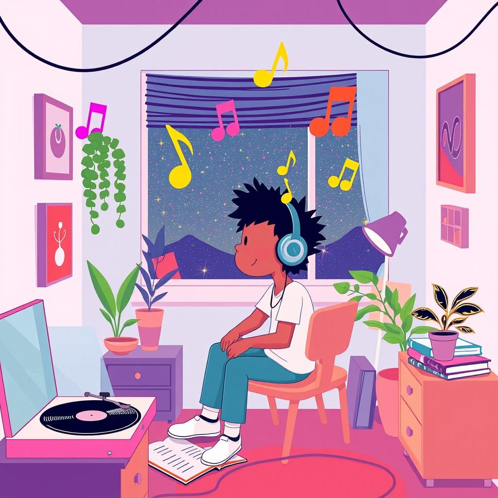 A vibrant vector illustration capturing the essence of lo-fi hip-hop culture
